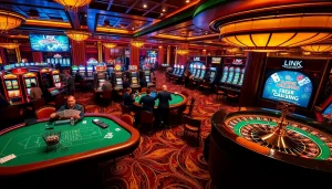 Experience the thrill at the casino with link mahjong games, featuring excited players and vibrant slot machines.