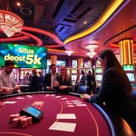 Penawaran situs deposit 5k ditampilkan di meja kasino yang hidup dengan pemain yang terlibat.