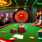 RR88 gamblers enjoying an exciting casino atmosphere with poker chips and a spinning roulette wheel.