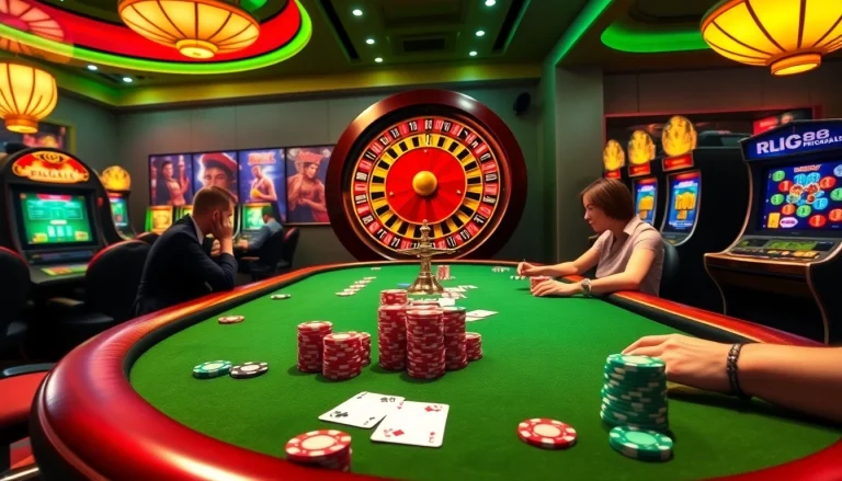 RR88 gamblers enjoying an exciting casino atmosphere with poker chips and a spinning roulette wheel.