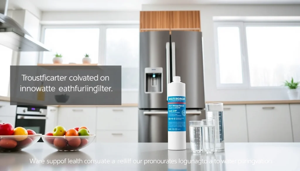 Waterdrop DA97-17376B Replacement for Samsung® HAF-QIN/EXP showcased in a modern kitchen with fresh fruits and clear water.