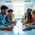 Education-focused modern classroom with diverse students collaborating on digital tools.