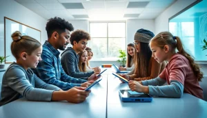 Education-focused modern classroom with diverse students collaborating on digital tools.