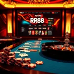 Experience the thrilling excitement of RR88 casino with vibrant gaming tables and luxury elements.