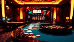Experience the thrilling excitement of RR88 casino with vibrant gaming tables and luxury elements.