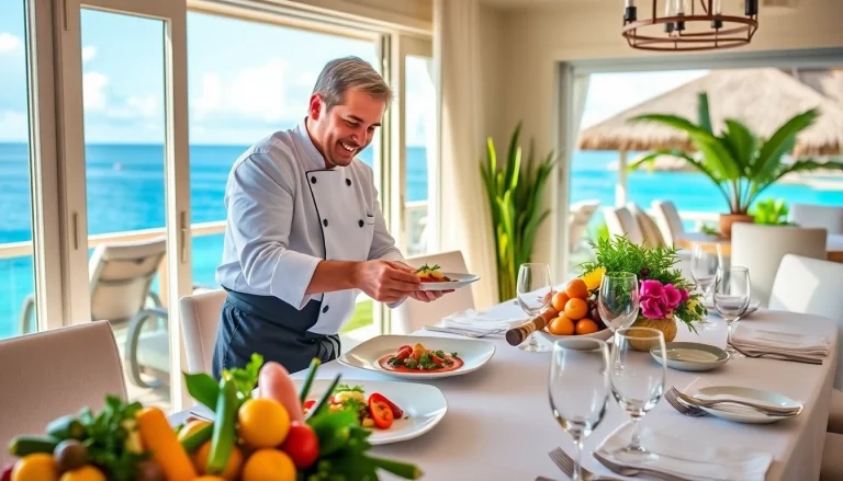 Private chef St Maarten creating a gourmet meal in a luxury villa setting.