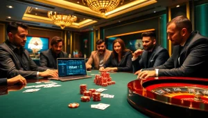 I9bet players engaging in a thrilling poker game at a luxurious casino table.