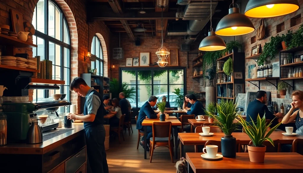 A lively Coffee shop Madrid showcasing barista artistry and cozy decor.