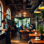 A lively Coffee shop Madrid showcasing barista artistry and cozy decor.