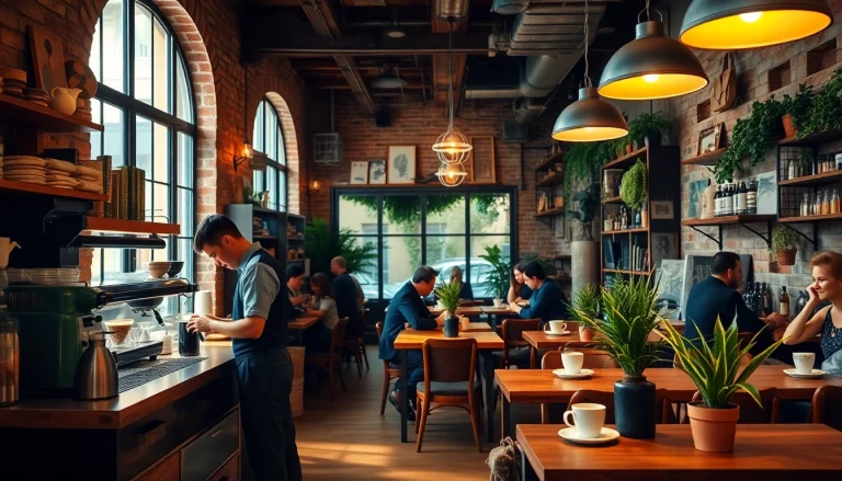 A lively Coffee shop Madrid showcasing barista artistry and cozy decor.