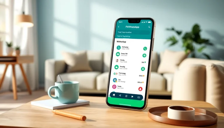 FM WhatsApp download showcasing vibrant app interface with user-friendly features in a modern living room.