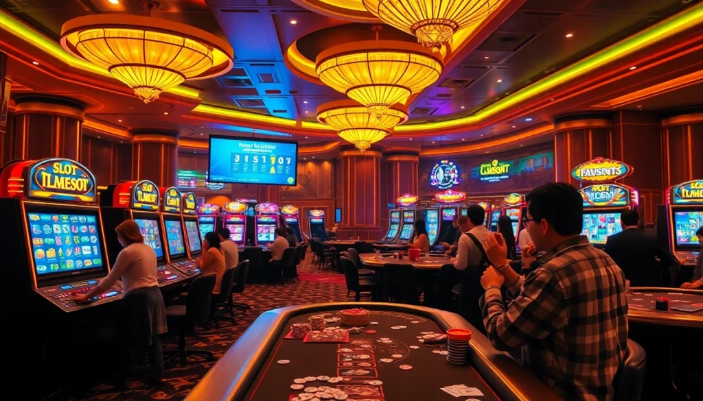 Nikmati aksi slot depo pulsa yang seru di kasino mewah dengan mesin-mesin berwarna cerah dan para pemain.