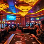 Nikmati aksi slot depo pulsa yang seru di kasino mewah dengan mesin-mesin berwarna cerah dan para pemain.