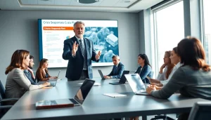 Crisis management consultant presenting strategies to a team during a meeting.