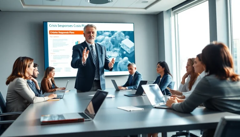 Crisis management consultant presenting strategies to a team during a meeting.