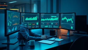 Cybersecurity AI professional analyzing real-time analytics at a modern workspace