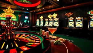 MK8 casino scene featuring a vibrant roulette wheel, colorful chips, and exciting gaming action.