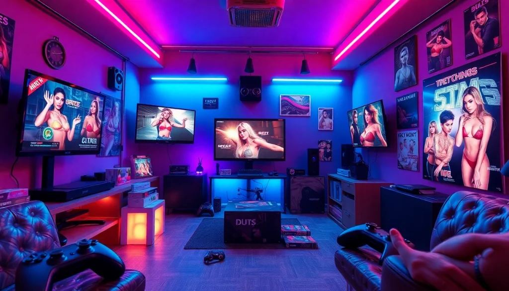 Exciting scene of free porn games in a vibrant gaming room.