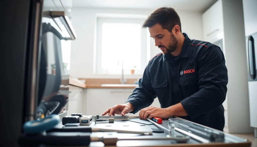 BOSCH dishwasher repair expert inspecting a dishwasher in a bright, modern kitchen.