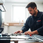 BOSCH dishwasher repair expert inspecting a dishwasher in a bright, modern kitchen.