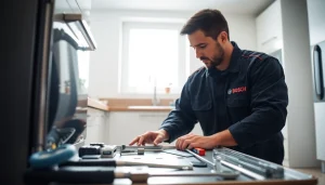 BOSCH dishwasher repair expert inspecting a dishwasher in a bright, modern kitchen.