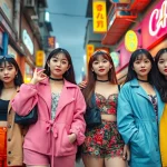 Blackpink members posing stylishly in an urban setting, showcasing vibrant K-pop fashion.