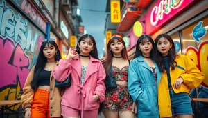 Blackpink members posing stylishly in an urban setting, showcasing vibrant K-pop fashion.