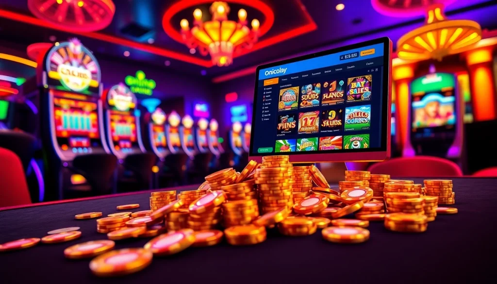 Play slots on Onicplay at a luxurious casino table with neon lights and vibrant chips.