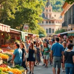 Experience of Clarksburg street market with vibrant stalls and happy people.