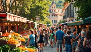 Experience of Clarksburg street market with vibrant stalls and happy people.