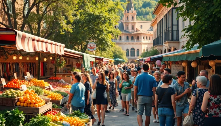 Experience of Clarksburg street market with vibrant stalls and happy people.