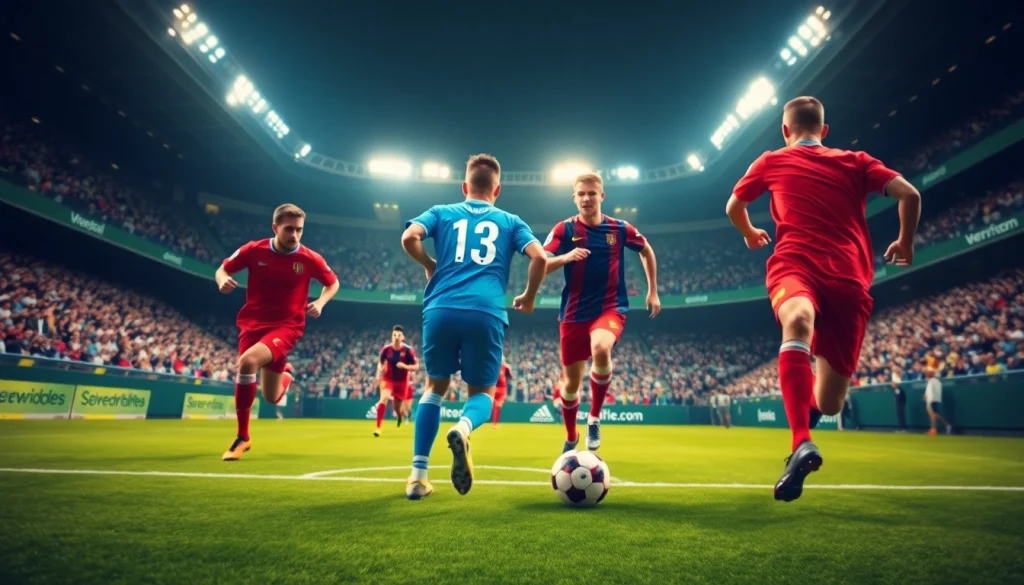 Watch live soccer scores with ผลบอลสดภาษาไทย, capturing excitement of a match in vibrant stadium setting.