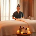 출장 massage service with a professional therapist in a calming, upscale setting.
