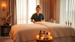 출장 massage service with a professional therapist in a calming, upscale setting.