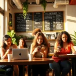 how to find onlyfans girls near me in a trendy coffee shop setting with diverse individuals using tech