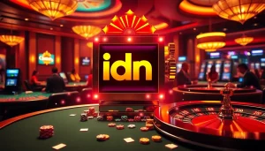 Engaging casino scene featuring the idn slot logo with players at energetic gaming tables.