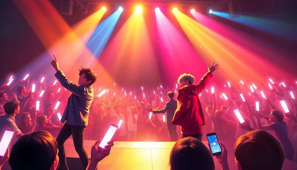 BTS news updates featuring members performing energetically on stage amidst an excited crowd.