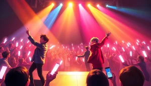 BTS news updates featuring members performing energetically on stage amidst an excited crowd.