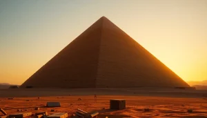 Discover the majesty of the piraminds at Giza under a sunset, showcasing ancient relics.