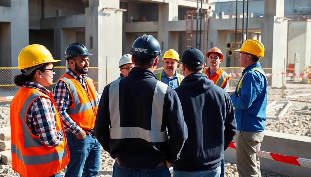 Group of workers discussing construction safety programs on-site.