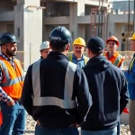 Group of workers discussing construction safety programs on-site.