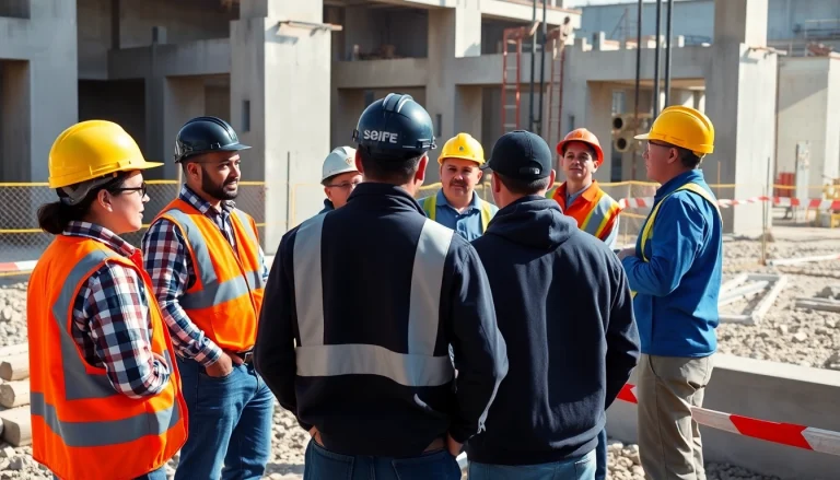 Group of workers discussing construction safety programs on-site.