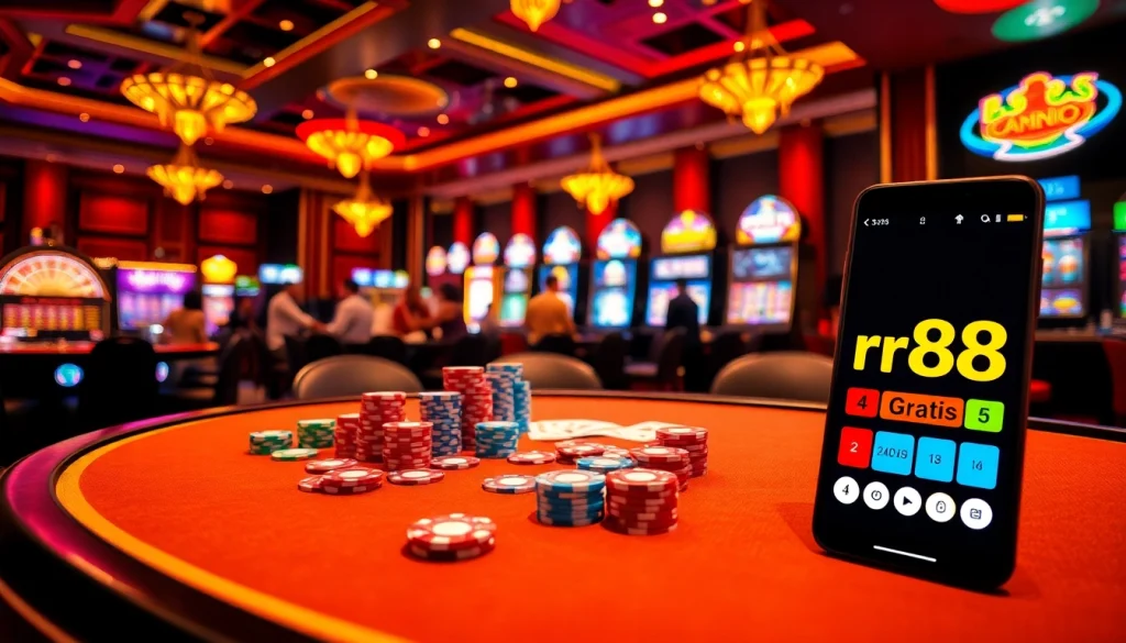 Engaging poker scene showcasing rr88 gratis with vibrant chips and cards on a luxurious casino table.
