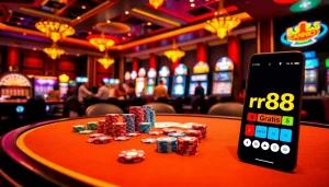 Engaging poker scene showcasing rr88 gratis with vibrant chips and cards on a luxurious casino table.