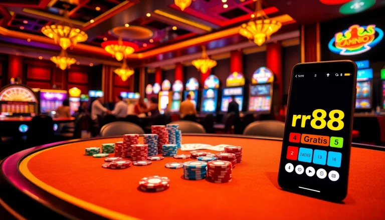 Engaging poker scene showcasing rr88 gratis with vibrant chips and cards on a luxurious casino table.