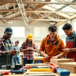 Engaged students at construction trade schools in Texas collaborate on hands-on projects in a vibrant workshop.