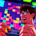 Engaged player enjoying a vibrant google block breaker game on a large screen.