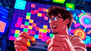 Engaged player enjoying a vibrant google block breaker game on a large screen.