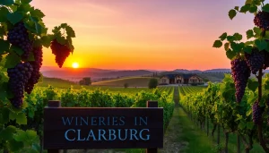 Discover the beautiful wineries in Clarksburg with lush vineyards and a stunning sunset.