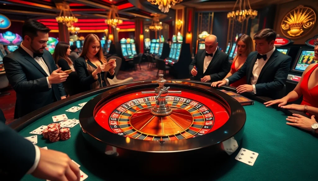 Experience the thrill of topclub gambling with players at an elegant casino table surrounded by roulette and poker elements.